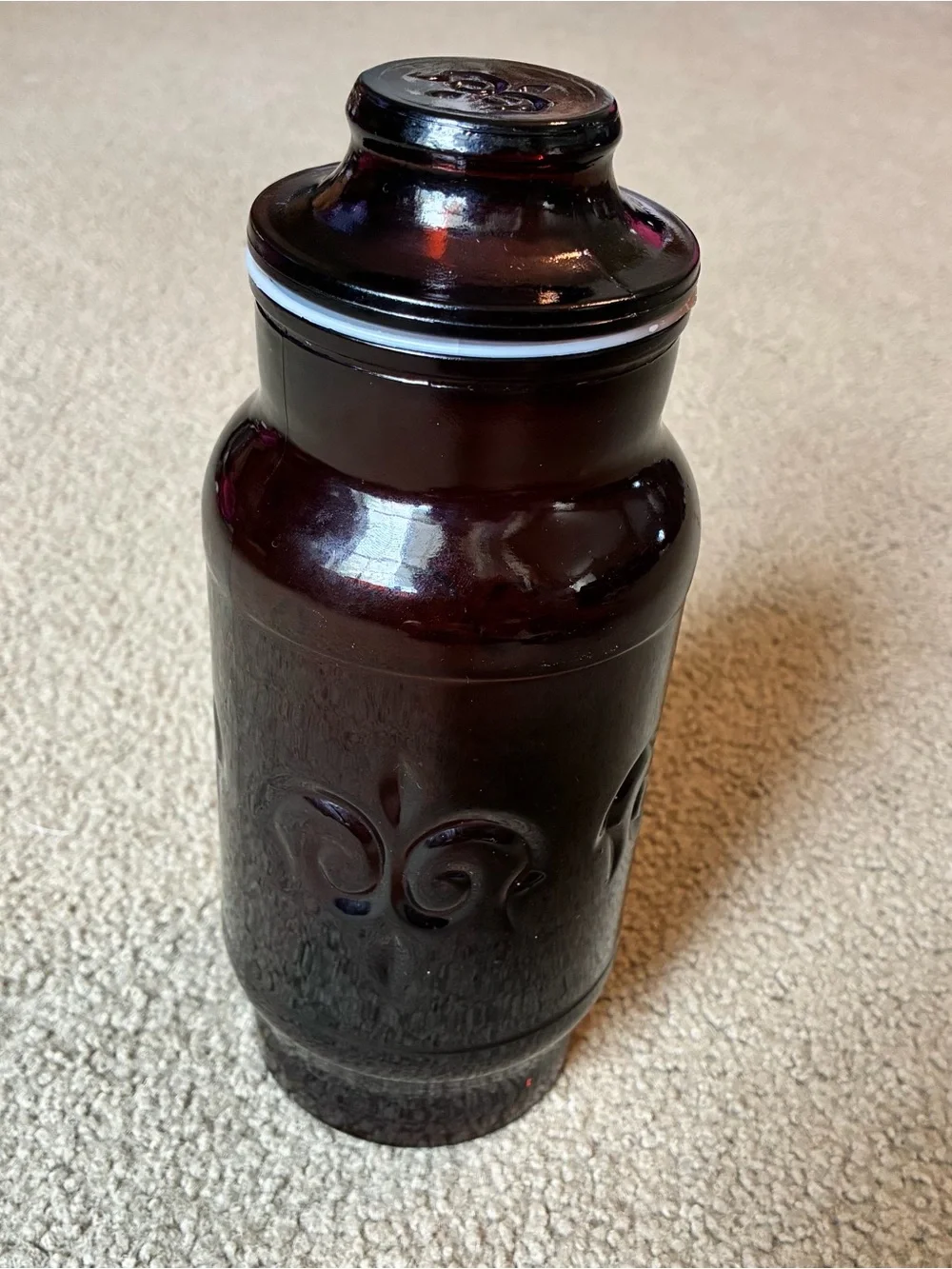 1975 Cremora Apothecary Jar Collectable Cannister Dark Brown Glass Fleur De Lis